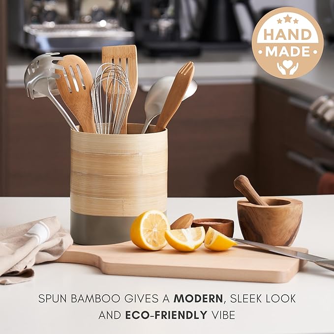 Handcrafted Bamboo Kitchen Utensil Organizer, Modern Countertop Holder, Large Capacity