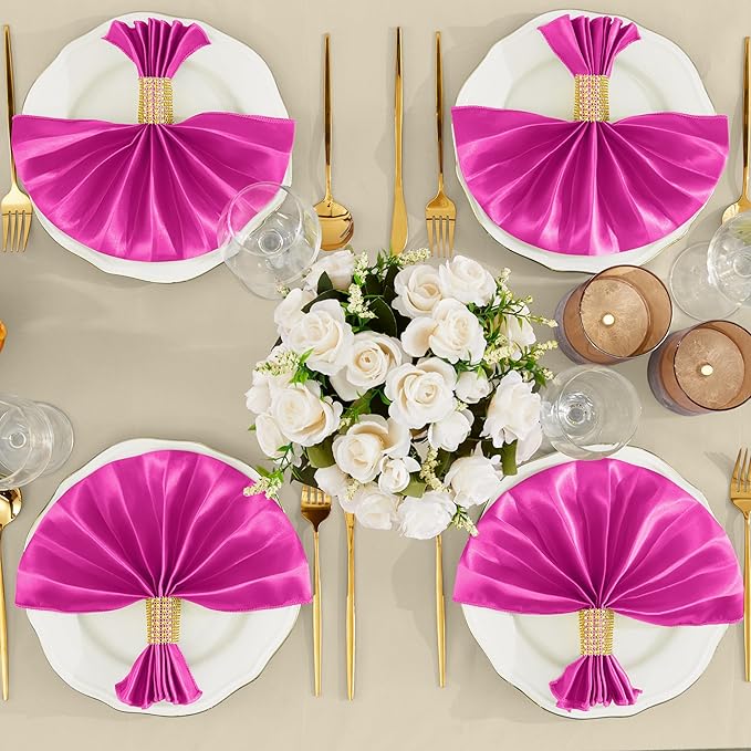RUDONG M 100 Pcs Hot Pink Satin Napkins and Napkin Rings Set, 17 x 17 Inch Square Cloth Napkins Set of 50, Silky Soft Table Napkins Bulk for Weddings, Banquet, Parties Dinner Decoration
