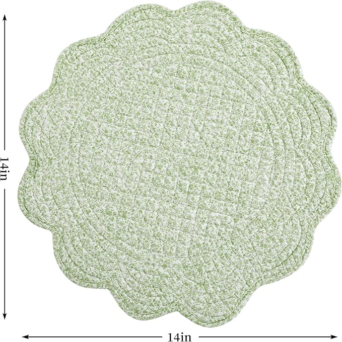 HOMBYS Quilted Placemats Set of 6 Washable Round Placemats for Kitchen Table-100% Cotton Fabric 14 Inch Round Table Mats, Cotton Fabric with Microfiber Filling, (14"x14", White & Green Flower)