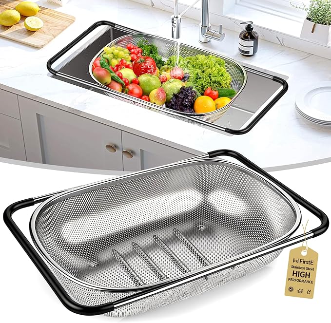 FirstE Over the Sink Colander Strainer Basket 6 Quart, Fine Mesh Stainless Steel Colander with Expandable Anti-slip Rubber Grip Handles, Kitchen Sink Vegetable Strainer for Drain Pasta, Rinse Fruits