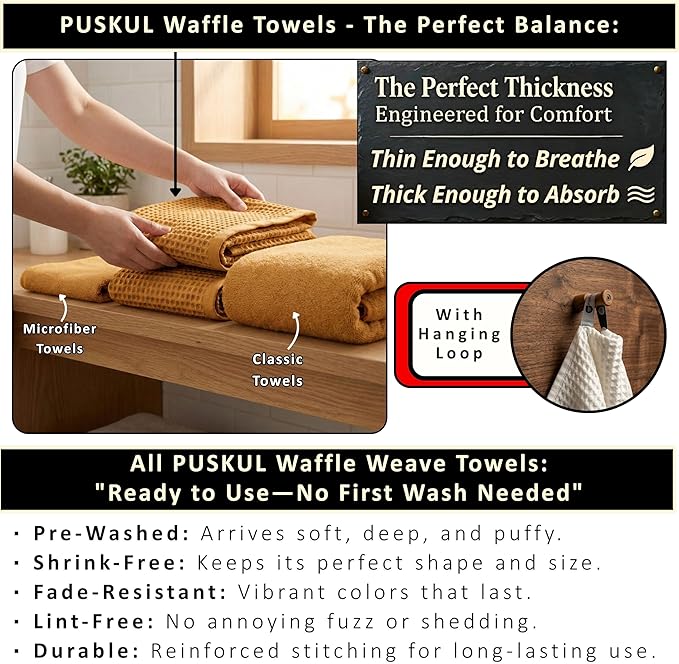 PÜSKÜL Natural 100% Turkish Cotton Waffle Bath Towels Set of 2-Piece | 32x63 Extra Large Absorbent Quick-Dry Lightweight Spa Towel | Luxury Sauna Accessories (Mustard Yellow Bath Towels - Pack of 2)