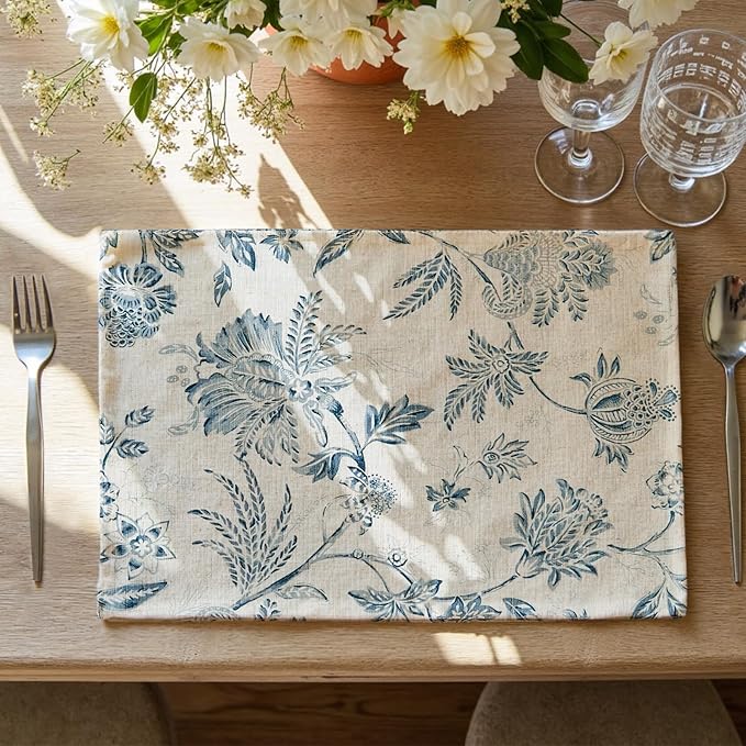 JINCHAN Linen Floral Placemats Set of 4 Cloth Table Mats Rustic Cottagecore Jacobean Outdoor Seasonal for Kitchen Dining Table Decor Washable Tablemats 13x19 Inch Blue