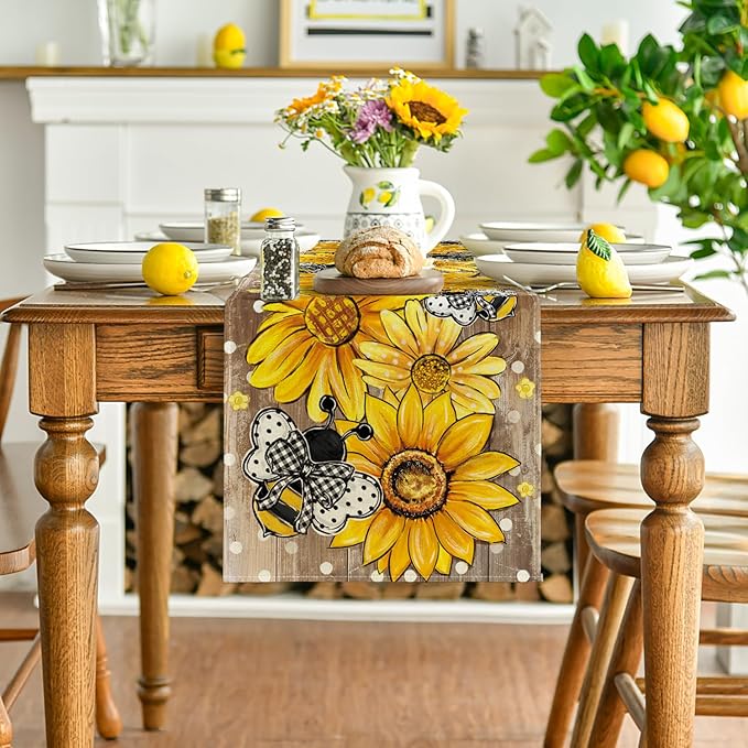Artoid Mode Wood Sunflower Bee Flower Polka Dot Summer Table Runner, Seasonal Kitchen Dining Table Decoration for Home Party Decor 13x108 Inch