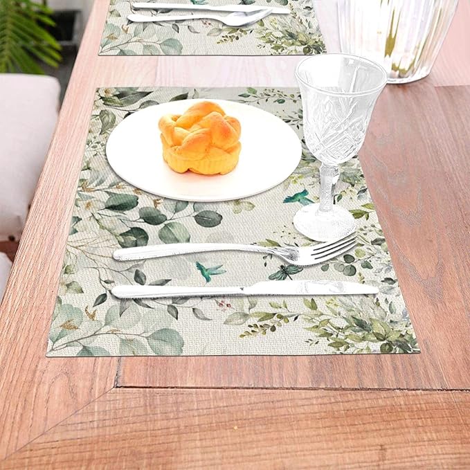 Spring Place mats Set of 4,12x18 Inches Green Floral Bird Eucalyptus Leaf Decorative Summer Decor Leaf Placemats Rectangle Spring Table Mats for Party Home Kitchen Dining Table Decoration