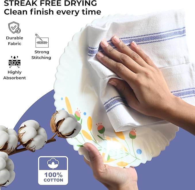 Bulk Kitchen Towels Cotton for Chefs in Commercial Restaurants - 15"X25" - 12 Pack - White Linen Tea Dish Towels - Lint Free Soft Absorbent Side Blue Striped Herringbone Weave Towles