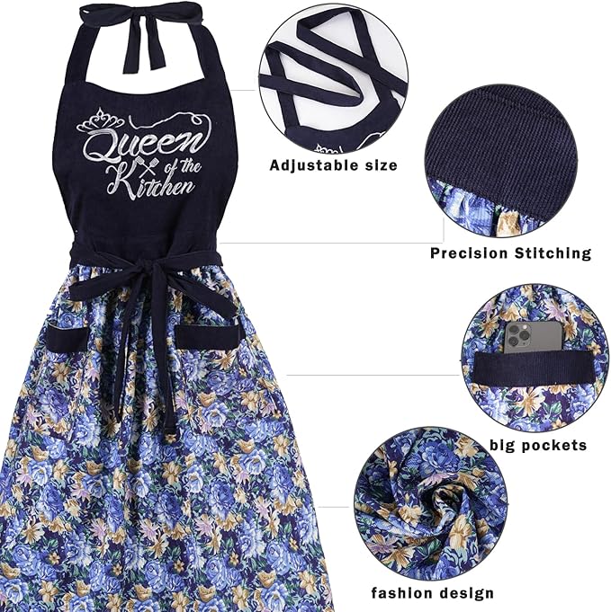 Cute Floral Aprons for Women with Pockets,Cotton Adjustable Neck Strap Apron for Kitchen Cooking Baking Gardening