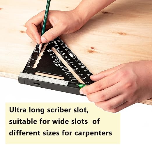 Beslands 7 inch Rafter Square with Level, Aluminum Metal Triangle Ruler Carpenter Square Woodworking Layout Tool Aluminum Triangle Tool Stainless Steel Ruler (Black)