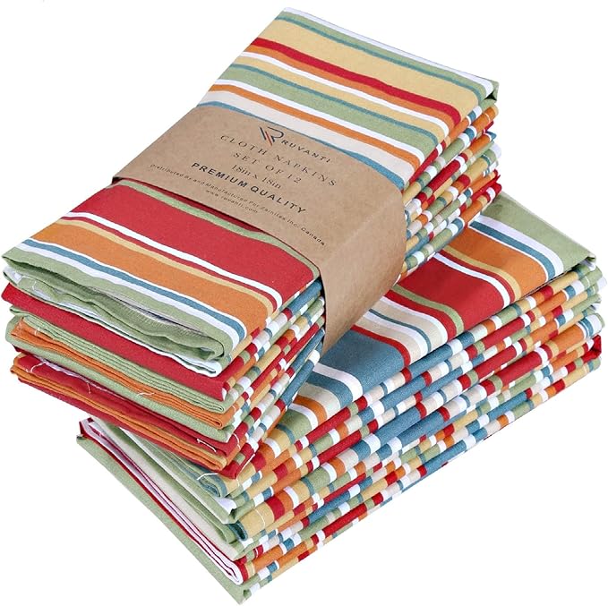 Ruvanti Cloth Napkins Set of 12 Cotton 100%, 20x20 Inches Napkins Cloth Washable, Soft, Absorbent, Cotton Napkin for Parties, Christmas, Thanksgiving, Weddings, Dinner NapkinsCloth - Multi Strip