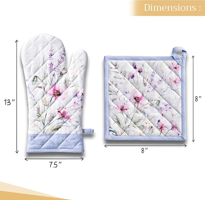 Maison d' Hermine 100% Cotton Oven Mitt & Pot Holder Set (7.5"x13" & 8"x8") Heat Resistant BBQ Cooking Gloves with Loop Baking Grilling Kitchen Gifts for Mothers Day Spring/Summer (Summer Floral)