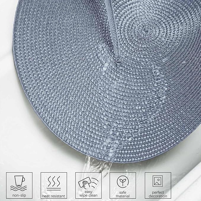 AHHFSMEI Round Placemats Set of 8 Heat Resistant Washable Non-Slip Woven Braided Table Mats for Dining Table Kitchen & Home Deco (Light Blue,8)