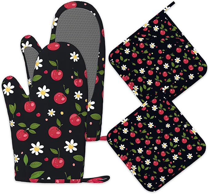 Cherry Oven Mitts and Pot Holders Sets of 4, Heat Resistant Daisy Floral Silicone Oven Mitts Gloves Non-Slip Kitchen Mittens Potholders for Cooking Baking Grilling BBQ