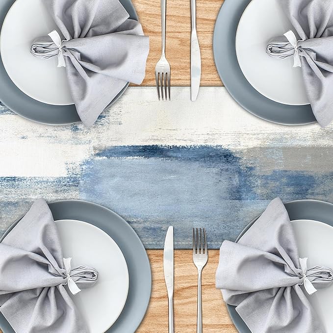 White Gray Table Runners Modern Art Farmhouse Linen Table Runners Dresser Scarves Retro Rustic Style for Party Kitchen Dining Table Coffee Holiday Party Decor (13"x 36")