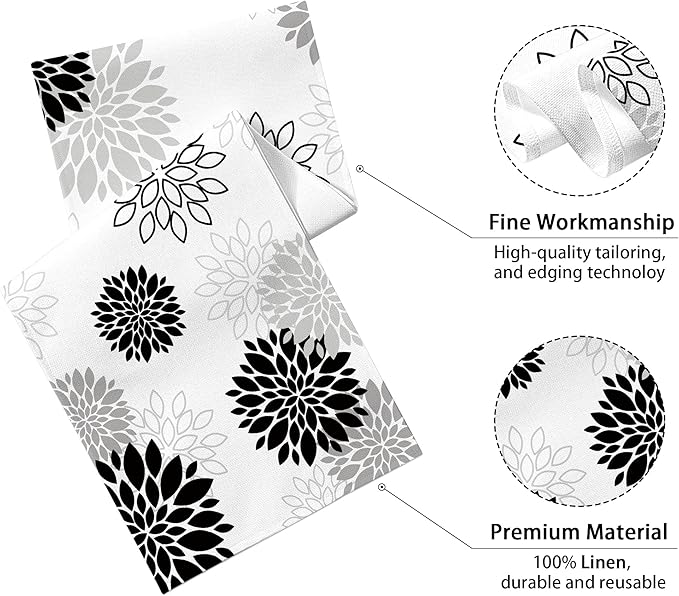 Dahlia Flower Table Runner 13x71 Inch Farmhouse Black Gray Runners Modern Table Decorations Rustic Geometric Coffee Table Runner for Home Kitchen Dining Room Party (13"x71", Dahlia Floral-Black)
