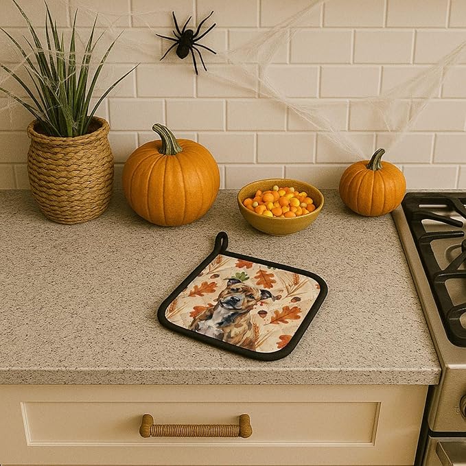 Caroline's Treasures Brindle Staffordshire Bull Terrier Heirloom Fall Pair of Pot Holders Pair 7.5x7.5 Quilted Insulated Hot Pads Decorative Kitchen Gift Made in USA