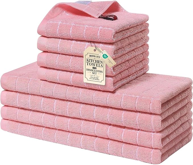 Homaxy Kitchen Towels and Dishcloths Set, 12 x 12 and 13 x 28 Inches, Set of 8 Bulk Cotton Terry Kitchen Towels Set, Checkered Designed, Soft and Super Absorbent Dish Towels, Pink
