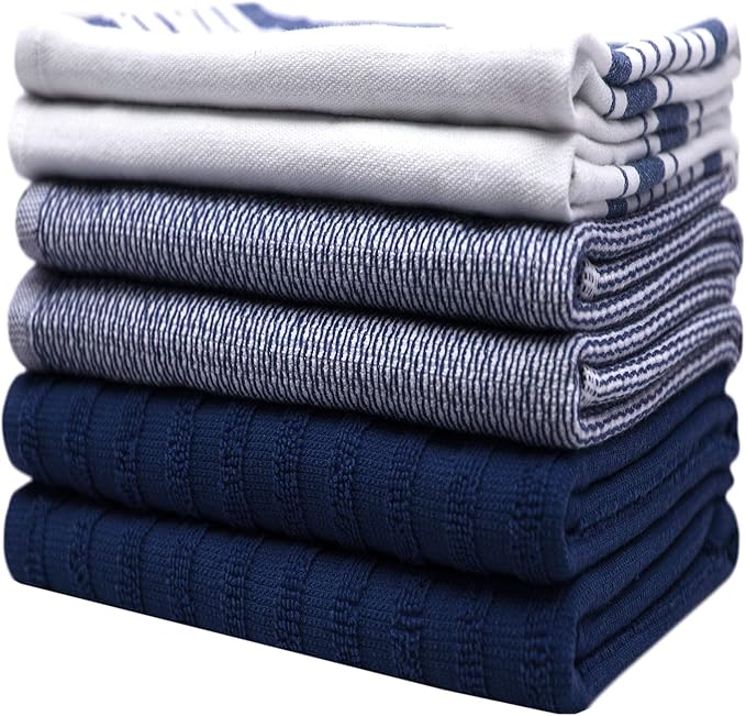 Premium Kitchen Towels (20”x 28”, 6 Pack) | Large Cotton Dish Towels | Flat & Terry Highly Absorbent Kitchen Linen Set with Hanging Loop | Navy Blue Striped