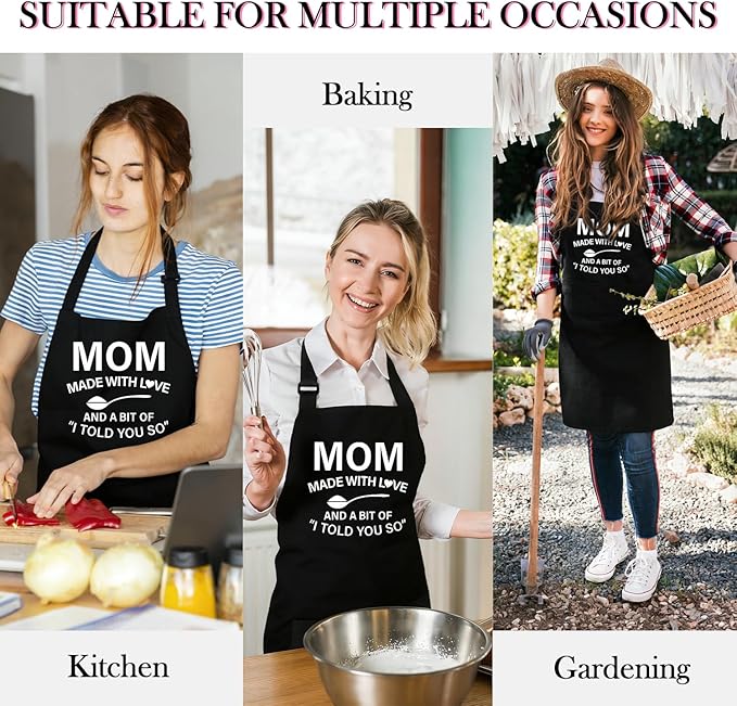Black Baking Aprons for Women, Adjustable Cooking Baking Kitchen Aprons for Mom Chef with Pockets