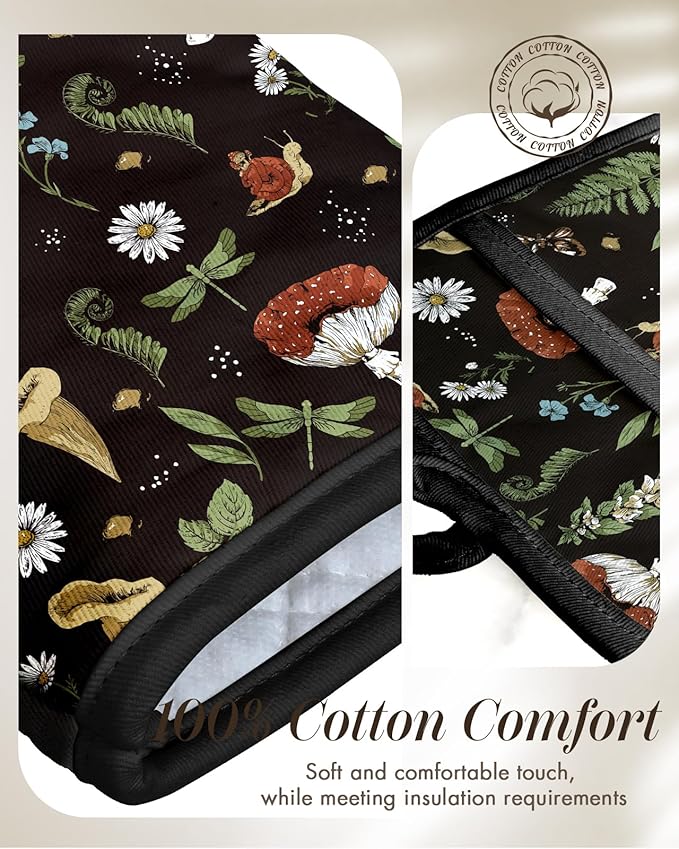 Miss Adola Cotton Oven Mitts and Pot Holders Sets - Quilted Lining Heat Resistant 4 Pieces Set with Hanging Loop Cute Farmhouse Boho Spring Kitchen Decor and Accessories, Black Mushroom