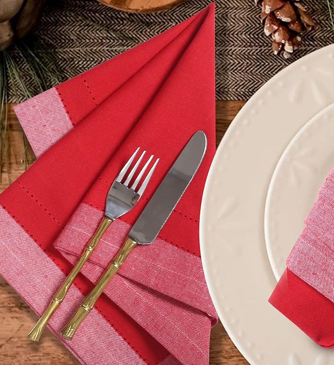 Bedding Craft Christmas Cloth Napkins Set of 12 – 20x20 Red Cotton with Double Hemstitch – Soft, Durable & Washable Table Napkins for Farmhouse Décor, Thanksgiving, Holiday Parties & Everyday Use
