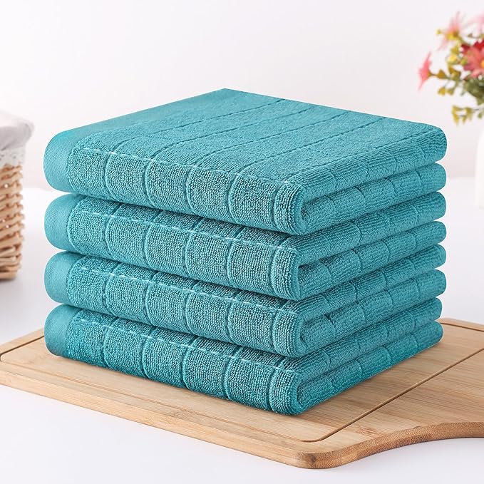 Homaxy 100% Cotton Terry Kitchen Towels(Lake Blue, 13 x 28 inches), Checkered Designed, Soft and Super Absorbent Dish Towels, 4 Pack