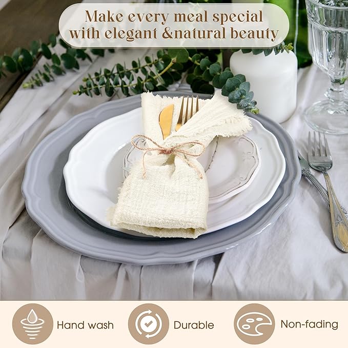 TURSTIN 24 Pieces Cotton Linen Cloth Napkin Handmade Cloth Napkin with Fringe 17 x 17 Inch Soft Cloth Dinner Wedding Napkin Square Rustic Fringe Table Napkin for Dinners, Parties, Weddings, Ivory