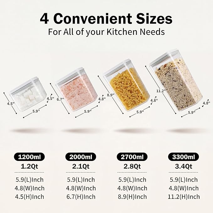 12 Pcs Pop Airtight Food Storage Containers with Lids Stackable Containers for Kitchen Pantry Organization Ideal for Cereal Snacks Flour Sugar Coffee and Spaghetti, 3.4Qt, 2.8Qt, 2.1Qt, 1.2Qt