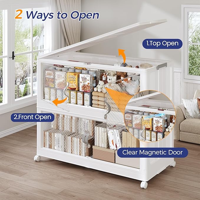 180QT Extra Large Stackable Storage Bins with Lid, 45Gal Plastic Closet Organizers and Storage Drawer, Collapsible Cabinet Box with Wheels Clear Doors for Home Kitchen Office, 3Pack White