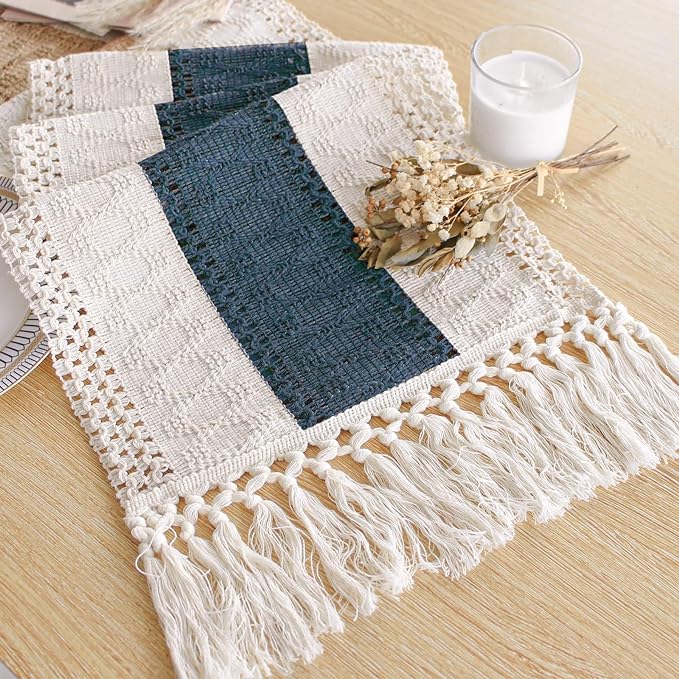 FEXIA Boho Table Runner 108 Inches Long for Home Decor Farmhouse Table Runner Cream & Blue Rustic Macrame with Tassels for Bohemian Dining Bedroom Decor Bridal Shower (12x108 Inches)