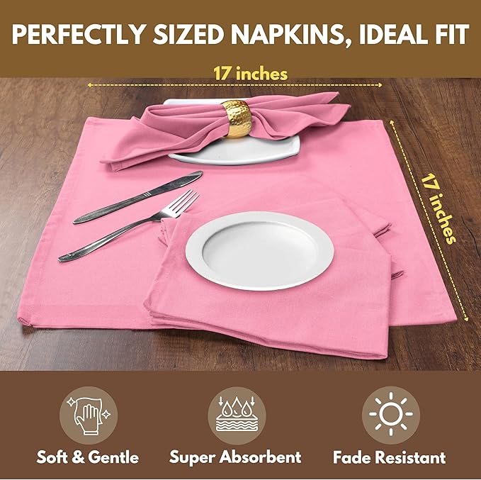 Native Fab Cloth Dinner Napkins, 4 Pack, 100% Cotton, 17x17 Inches, Soft, Absorbent, Premium Hotel Quality Table Linen, Perfect for Easter Brunch, Spring Weddings, Everyday Meals, Pastel Pink
