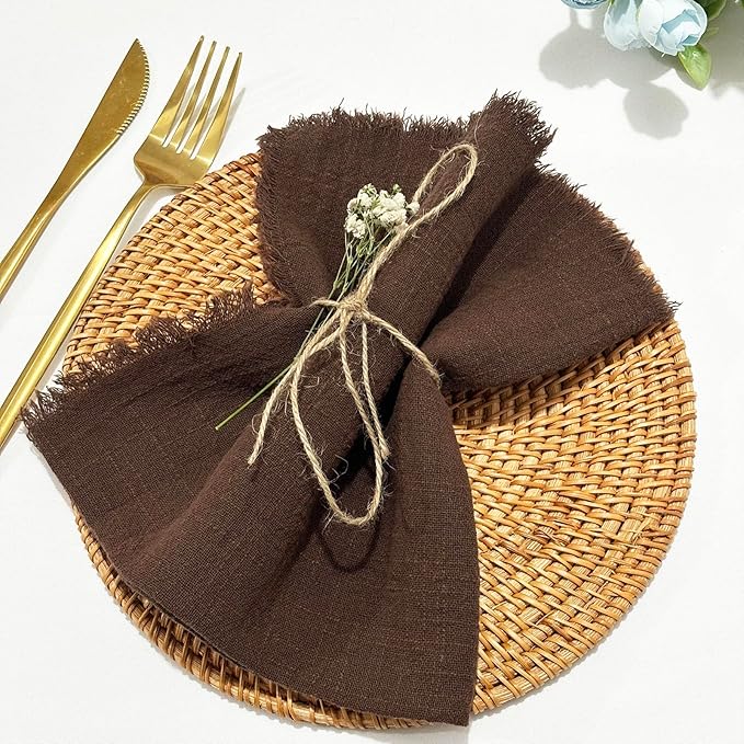 24Pack Brown Cloth Napkins 17x17Inch Brown Napkins Cloth with Fringe Soft Cotton Cloth Napkins Washable Rustic Dinner Napkins Cloth for Wedding Party Dinner Table