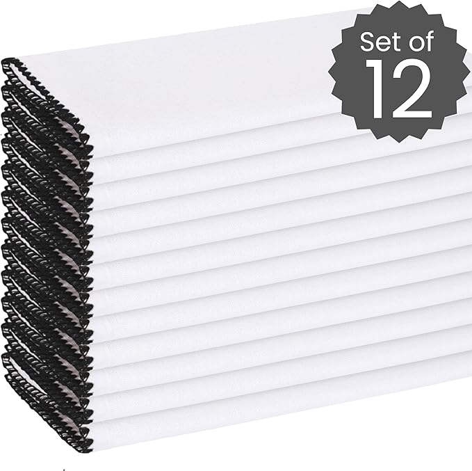 Cotton Clinic Cloth Napkins with Trim - Everyday Use Table Dinner Napkins - Soft Durable Washable - Ideal for Dinner Party Wedding Christmas Easter - Set of 12-20x20 inches Black White Napkins