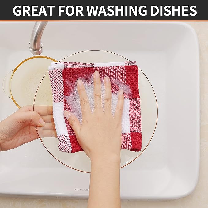 Homaxy 100% Cotton Waffle Weave Check Plaid Dish Cloths, 12 x 12 Inches, Super Soft and Absorbent Dish Towels Quick Drying Dish Rags, 6-Pack, White & Red