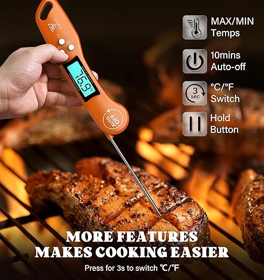 DOQAUS Digital Meat Thermometer, Instant Read Food Thermometer for Cooking with Backlit & Auto-Rotating Display, 4.6” Probe for Grilling, Baking, and Perfect BBQ - Orange