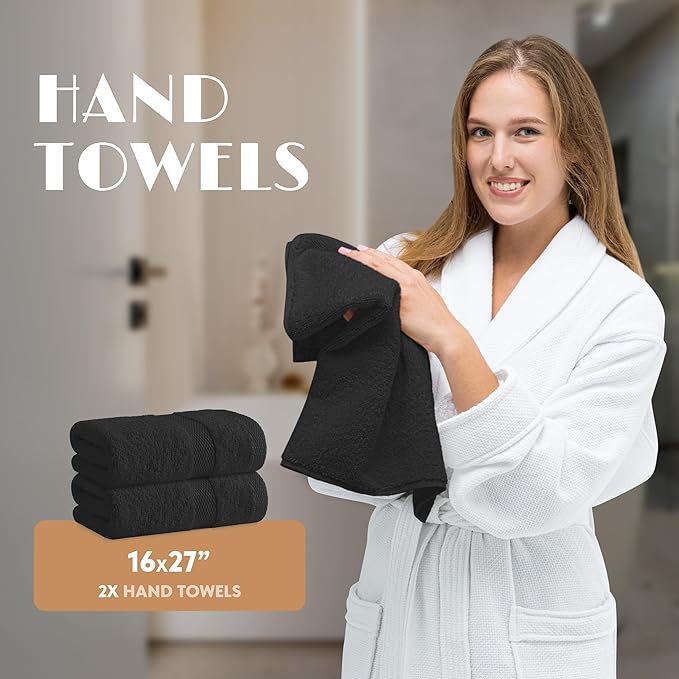 Black Bath Towel Set of 6 - 100% Cotton Highly Absorbent Towels for Bathroom, 2 Luxury Bath Towels 650GSM, 2 Hand Towels, 2 Washcloths
