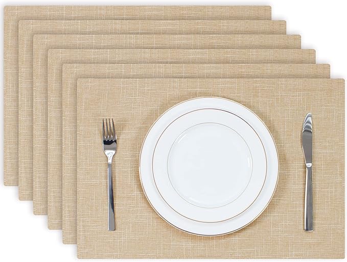 Kevin Textile Burlap Linen Placemats Set of 6 Heat Resistant Dining Table Cloth Place Mats Washable Kitchen Table Mats for Dinning Party Holiday Indoor Outdoor, 13 x19 inches, Cream Beige