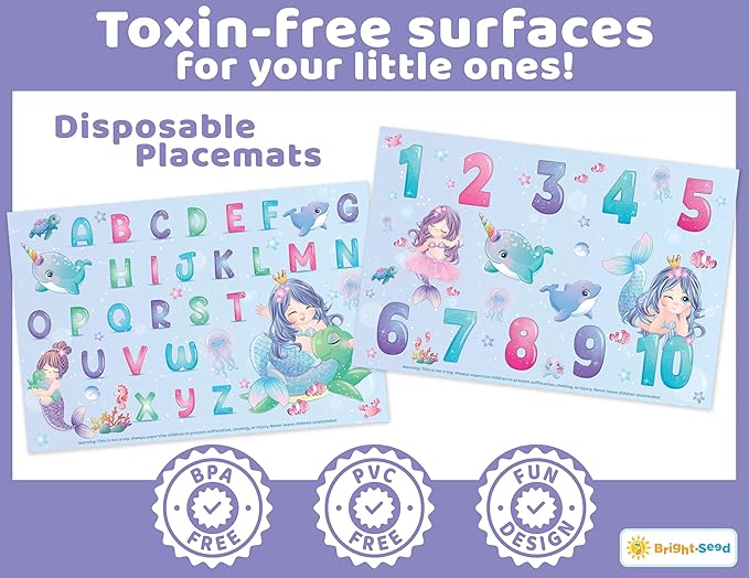 Bright Seed Disposable Placemats for Baby, Toddlers and Kids, 40 Disposable Baby Placemats for Restaurant, Dining Table & Travel, Learning Placemats for Kids, Toddler Travel, Mermaids ABC & Numbers