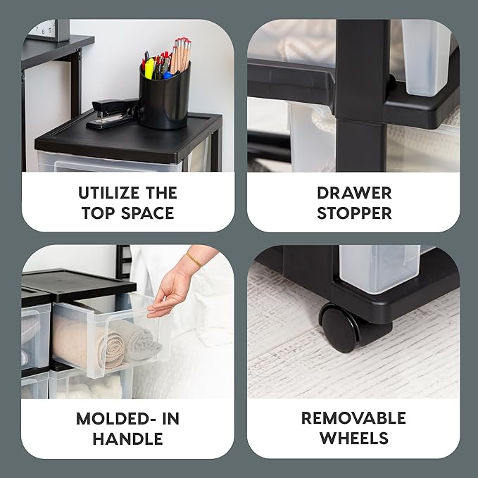 IRIS USA Plastic 3-Drawer Storage Organizer Rolling Cart, with Wheels Casters, 2-Pack, for Classroom Art Supplies Bathroom Dorm Bedroom Laundry Room, Slim Narrow, Black/Clear