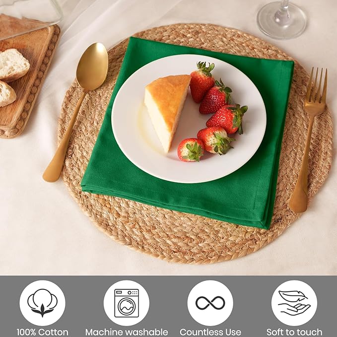 Blue Needles Solid Cloth Napkins Set of 12 St Patrick's Green 100% Cotton Dinner Napkins 18x18 inches - Soft, Reusable, Absorbent & Washable Linen, Ideal for Christmas Events, Parties & Everyday Use