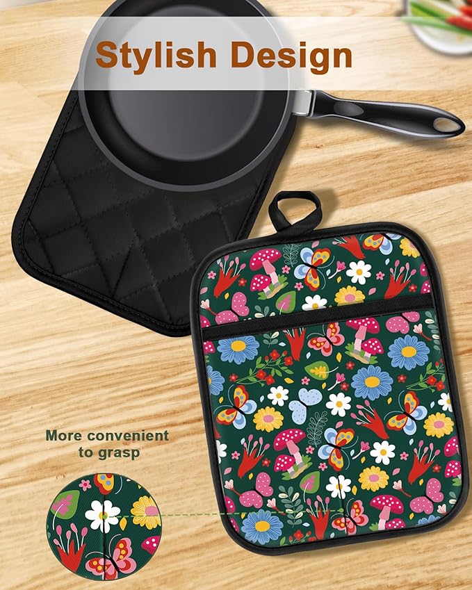 Swooflia 100% Cotton Pot Holders 2 Pack Set for Kitchen with Pockets - Cute 440°F Heat Resistant Oven Hot Pads Heavy Duty for Countertop Home Cooking Baking Microwave BBQ Vintage Floral