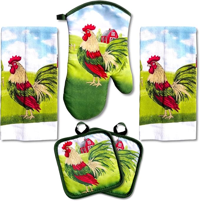 Lobyn Value Packs: 5-Piece Country Kitchen Towel Set – Proud Rooster & Red Barn Motif, 2 Lightweight Terry Cloth Dish Towels (25 X 15) Quilted Oven Mitt (11 X 7) & 2 Potholders (6.5 X 6.5)