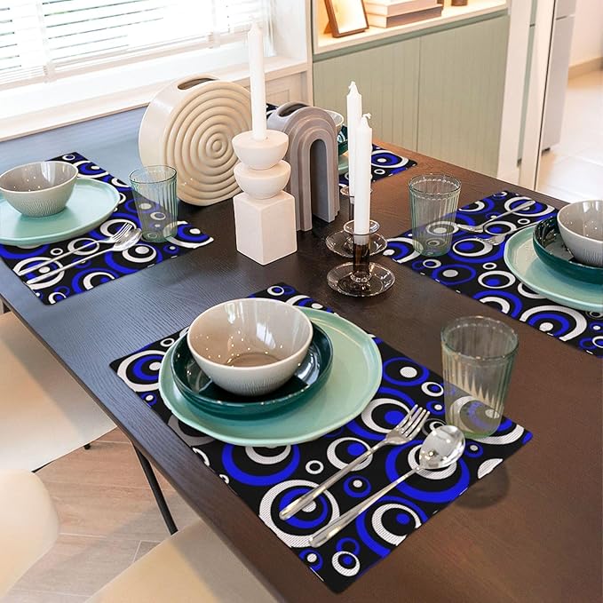 Blue Black Geometric Circle Linen Placemats Set of 4, Washable Heat Resistant Table Mats for Dining Table Kitchen, Tech - Themed Party Wedding Outdoor Holiday, Modern Home Decor, 12" x 18" Place Mats