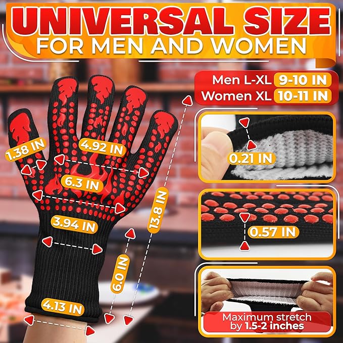 BBQ Gloves - 1472 °F 6 Sec. Heat Resistant Gloves for Cooking Made of Aramid Fabric with Anti-Slip Silicone, Double-Layer Insulation, and Elastic Band - for Grilling, Baking and Kitchen Use