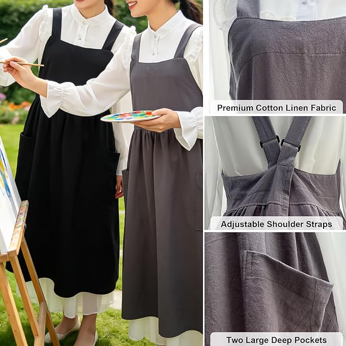 Uaussi Cotton Linen Apron Cross Back Work Apron for Women with Pockets Pinafore Dress X Cross Halter Apron for Chef Gardening