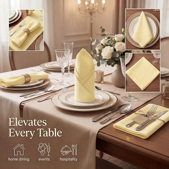 Urban Villa Cloth Napkins Set of 12 (20x20)100% Cotton Hemstitch Napkins Cloth Washable Durable Reusable Absorbent Table Dinner Napkins Cloth for Easter Decorations Restaurant Weddings Parties -Yellow