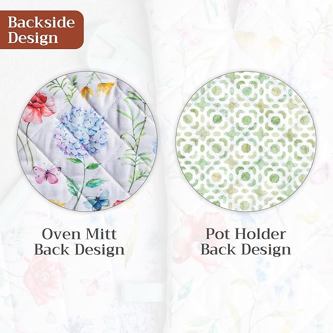Maison d' Hermine 100% Cotton Oven Mitt & Pot Holder Set (7.5"x13" & 8"x8") Heat Resistant BBQ Cooking Gloves with Loop Baking Grilling Kitchen Gifts for Mothers Day Spring/Summer (Just Floral)