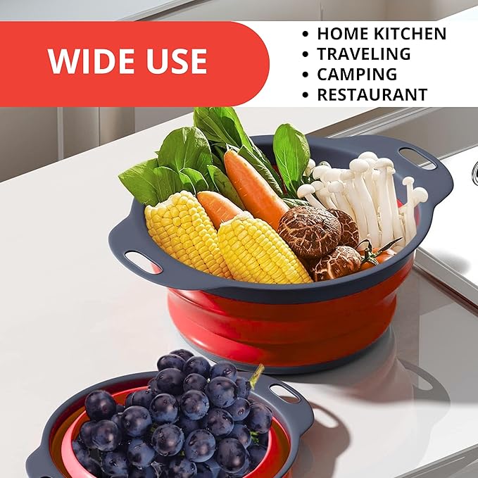 Set of 3 Red Food Strainer for Kitchen - Silicone Sieve Small Foldable Colander for Pasta and Spaghetti Multifunctional Silicone Collapsible Strainer for Camping