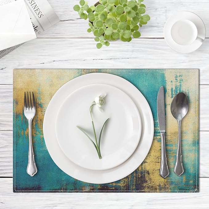 Emvency Farmhouse Placemats Set of 6, Abstract Teal Modern Gold Blue 12x18 Inch Linen Rectangular Place Table Mats for Indoors & Outdoor Home Party Kitchen Dining Decoration