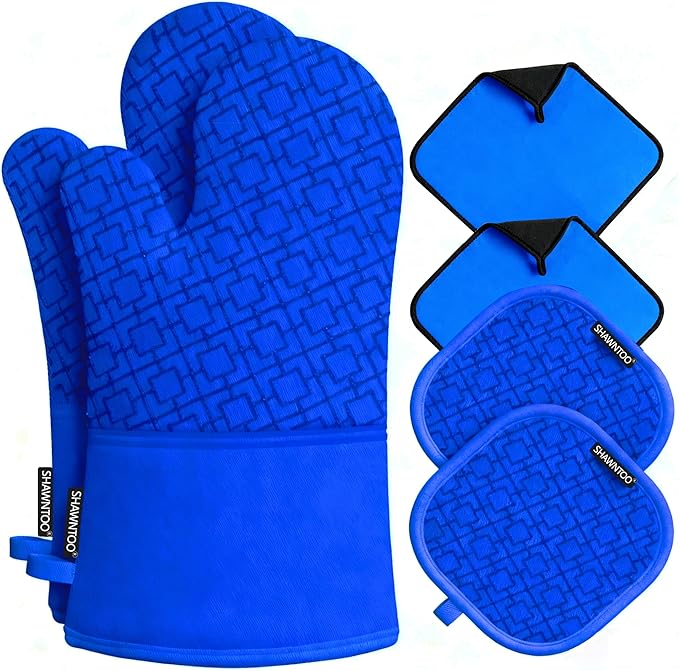 Oven Mitts and Pot Holders Sets 6pcs, Kitchen Oven Glove,High Heat Resistant 550 Degree Extra Long Oven Mitts and Potholders with Non-Slip Silicone Surface for Home Essentials (Grey) (Navy Blue)
