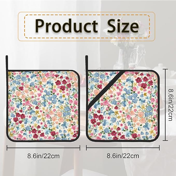 Wild Flowers Floral Meadow Pot Holder Set of 2,Heat Resistant Potholders Oven Hot Pads for Kitchen Cooking Baking BBQ