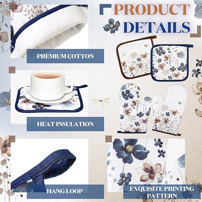 Teenyyou 6 Pcs Spring Brown Poppy Floral Kitchen Towels Oven Mitts and Pot Holder Sets Farmhouse Summer Wildflower Decoration for Home Cleaning Daily Kitchen Cooking Baking Grilling Gifts for Mother